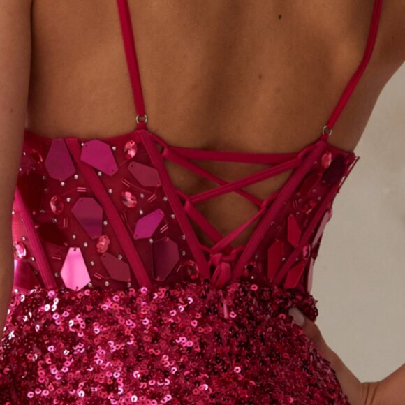 NEW FORMAL SLEEVELESS MINI SEQUIN EMBELLISHED DRESS W/ LACE UP BACK AC 5057S - Picture 6 of 10